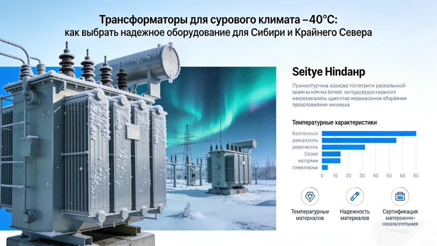 Силовой трансформатор для Крайнего Севера с климатическим исполнением ХЛ, морозостойкой изоляцией, системой подогрева масла, защитой от обледенения и усиленным корпусом, предназначенный для надежной эксплуатации при экстремально низких температурах и суровых климатических условиях северных регионов России и СНГ — Evernew Transformer.