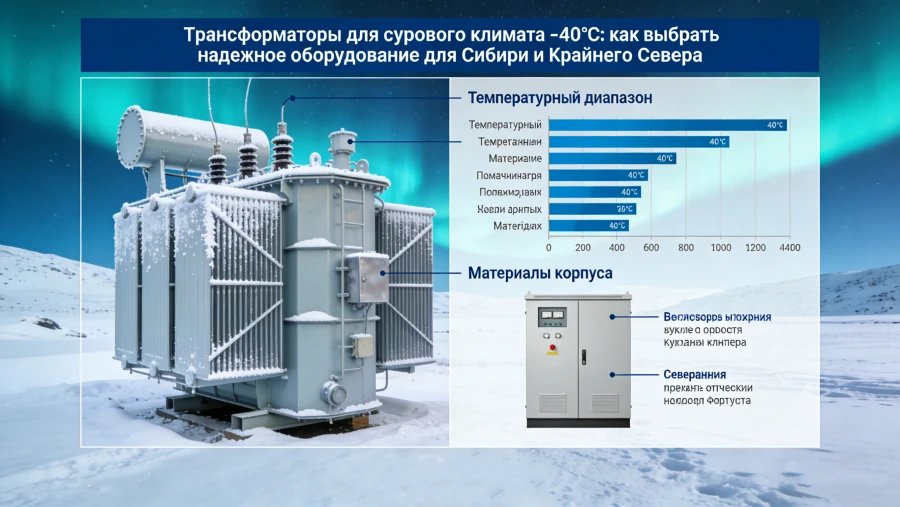 Эксплуатация трансформатора при −40°C с климатическим исполнением ХЛ, морозостойкой изоляцией и системой подогрева масла. Демонстрация правильных методов пуска, защиты от обледенения и безопасной работы оборудования в суровых климатических условиях северных регионов России и СНГ — Evernew Transformer.